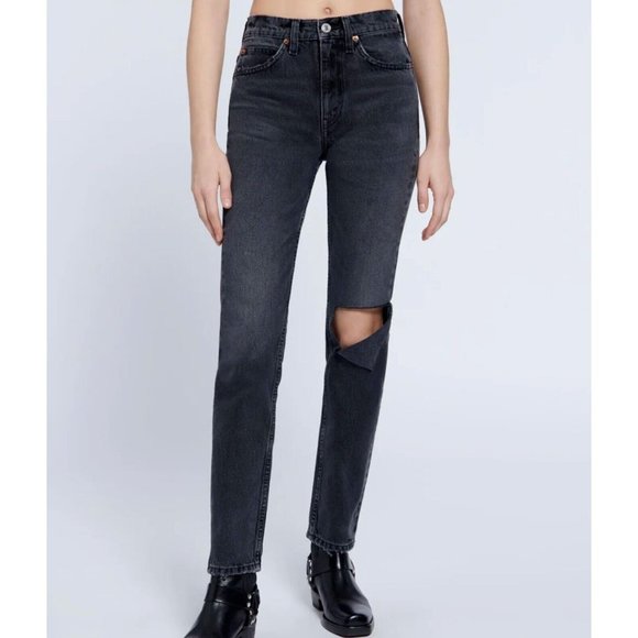 Re/Done Womens Jeans 70s Straight Worn Black With Rip 25